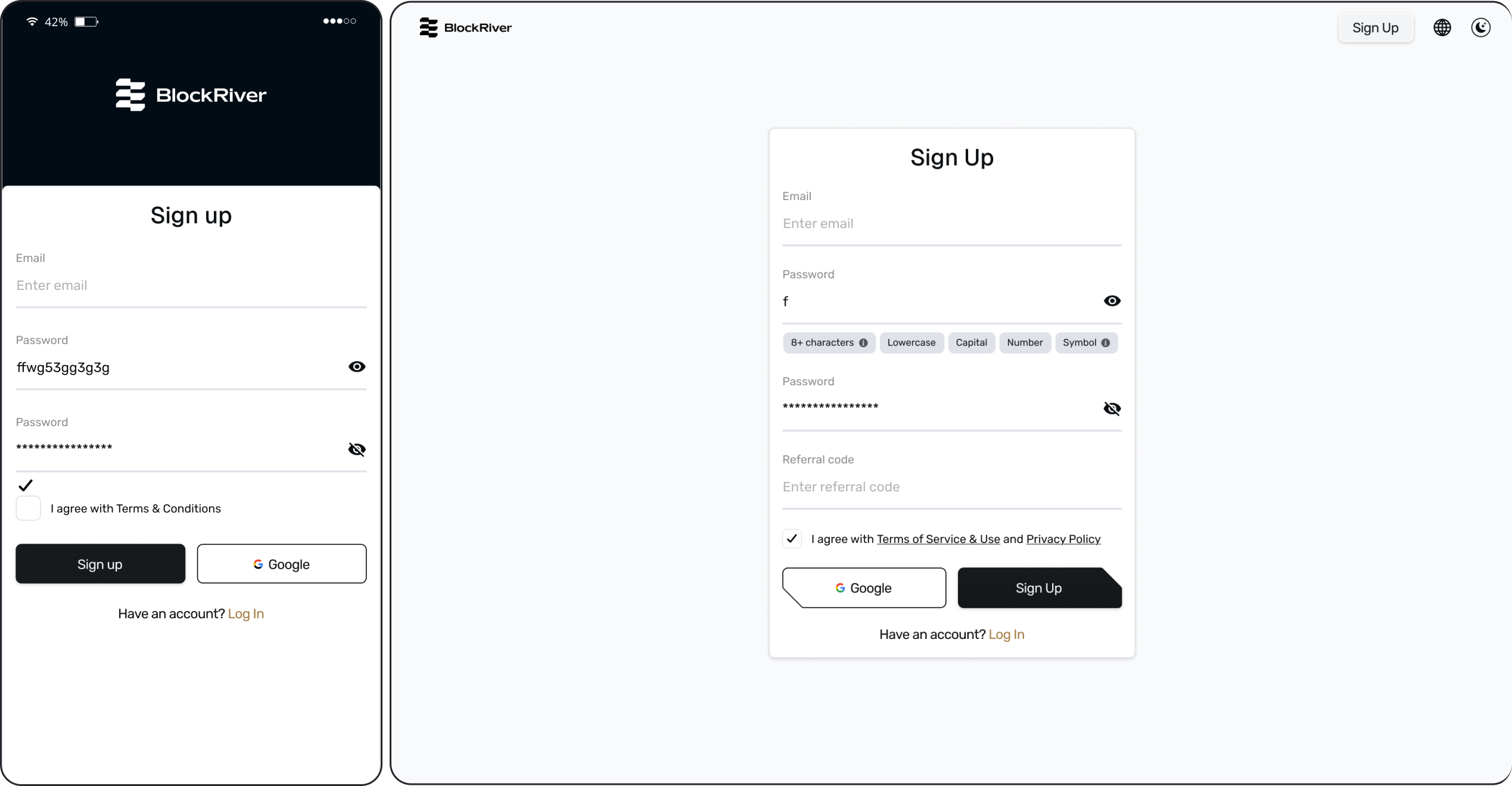BlockRiver authentication screens